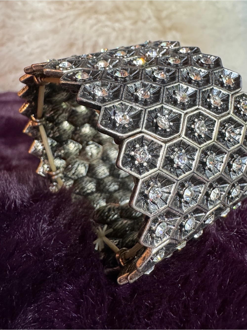 Hexagon Black and Silver Tone w Crystal Accent Stretch Bracelet